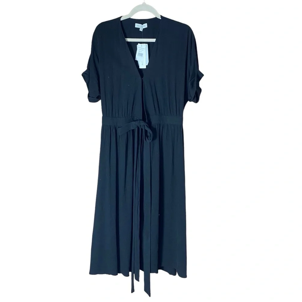 WILLOW Anthropologie Womens Wrap Dress Midi Black short Sleeve Size M Linen NEW - Picture 2 of 15